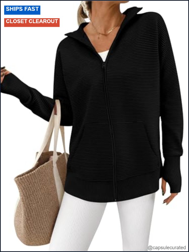 Long Sleeve Zip Up Cardigan Sweater Casual Loose Collared Ribbed Knit Jacket